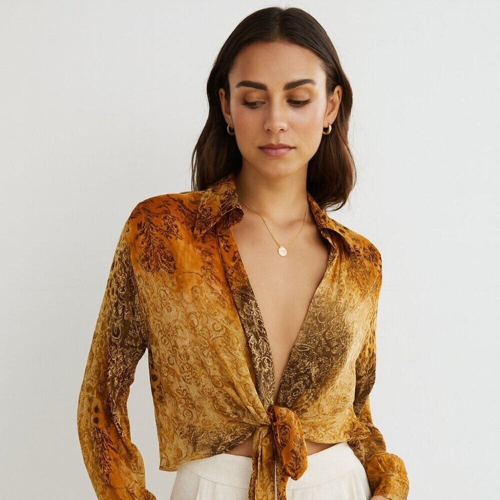 Carrou Collection Boho Tie Front Blouse Size 3 Brown Orange Sheer Resort Wear - Picture 2 of 14